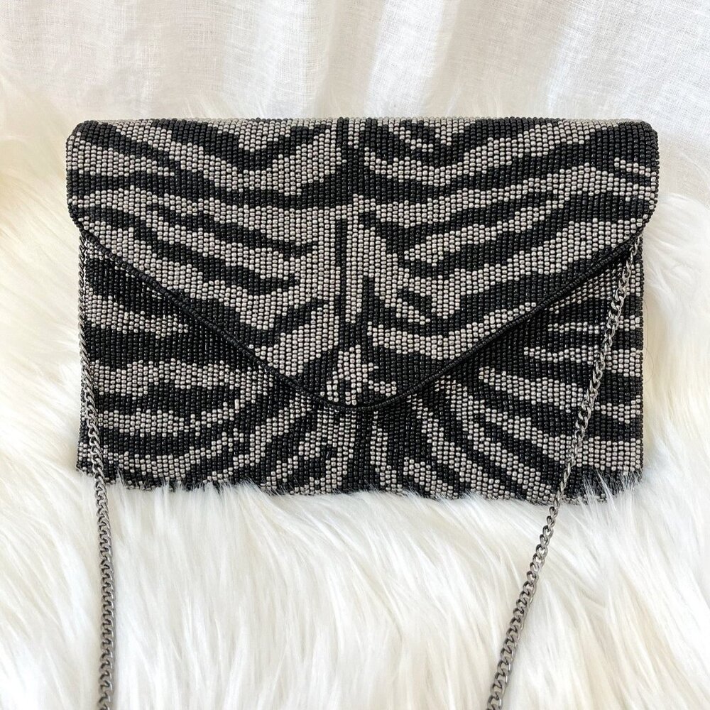 Silver Black Zebra Animal Print Beaded Clutch Crossbody Chain Bag Handbag NEW